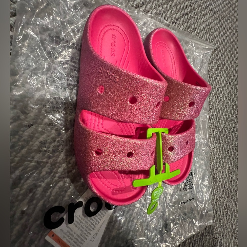 CROCS womens Pink Glitter Slide Sandals